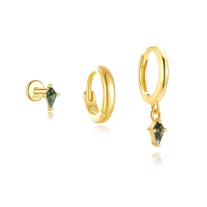 Detailliertes Set aus drei S925 Silber-Gold-Ohrringen mit grünen Moosachat-Anhängern