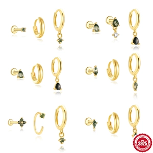 925 Sterlingsilber Moosachat Ohrring Set Für Damen Vergoldet Naturstein Zirkonia Ohrstecker Creolen Schmuckset