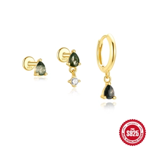 925 Sterling Silber Ohrring Set mit grünen Moosachat Tropfen und goldener Beschichtung