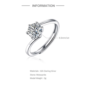 Macro view of 1 carat moissanite set in 925 sterling silver six-prong ring band