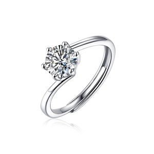 Detailed view of 1 carat round moissanite ring with six-prong setting and adjustable band