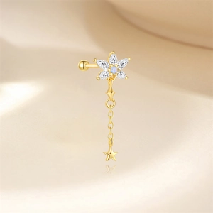 Detail of s925 silver sunflower ear stud with blue opal and star tassel chain