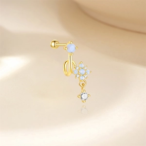 Detail of s925 silver sunflower stud featuring blue opal stones and pearl elements