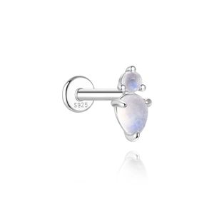 Detail of S925 sterling silver stud with round and teardrop moonstones in bezel setting
