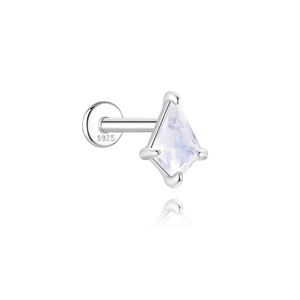 Macro shot of kite-shaped moonstone and S925 sterling silver stamp on stud earring