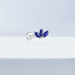 Macro shot of S925 sterling silver flat back stud featuring three navy marquise stones