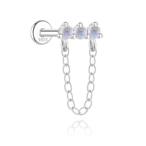 Close-up of S925 sterling silver earring with three round moonstones and u-shaped chain