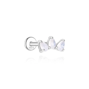 Macro shot of S925 sterling silver ear stud featuring three pear-cut moonstones in a row