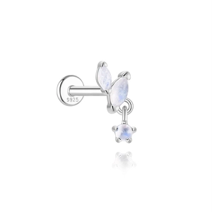 Detailed macro view of S925 sterling silver moonstone stud with a flat back screw design