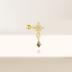 Detailed kite-cut grey gemstone and gold star stud with screw ball back closure