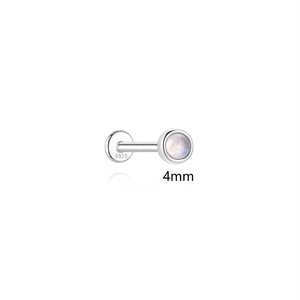 Macro detail of 4mm moonstone stud earring with S925 sterling silver hallmark stamp