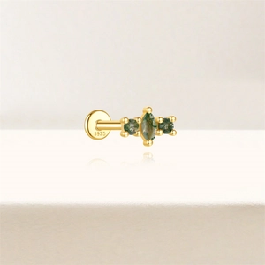 Detail of S925 silver gold-plated stud earring with three green moss agate stones