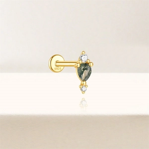 Detailed view of S925 sterling silver ear stud with green moss agate and zircons