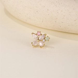 Detail of s925 silver flower stud earring with marquise colorful opal and cubic zirconia