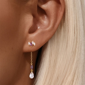 Detail of s925 silver long drop earring with marquise amethyst and teardrop stones