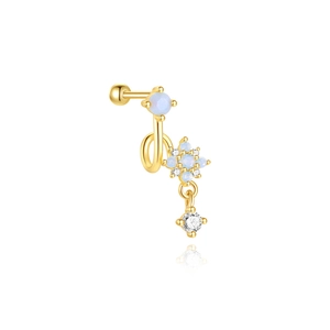 Detail view of gold s925 silver stud earring featuring blue opal and flower zircon
