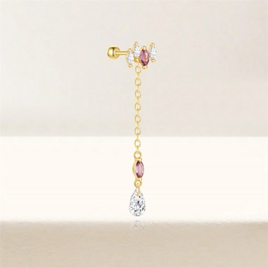 Detail of s925 silver piercing stud with marquise purple zircon and drop pendant