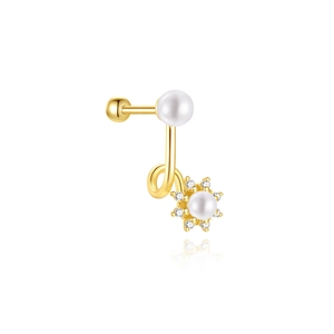 Close-up of gold s925 silver sunflower ear stud with white pearl and blue opal accent
