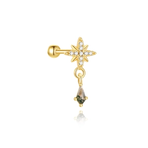 Detailed close-up of a starburst stud earring featuring a green moss agate kite pendant