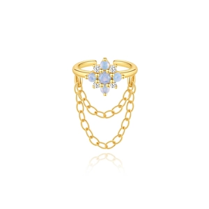 Dettaglio di clip per orecchio a fiore in argento S925 con opale blu e zircone marquise