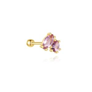 Detail of gold cartilage stud with purple marquise opal and secure ball screw back