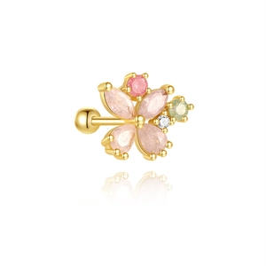 Close-up of a gold sunflower cartilage stud with pink gems and a secure ball back closure