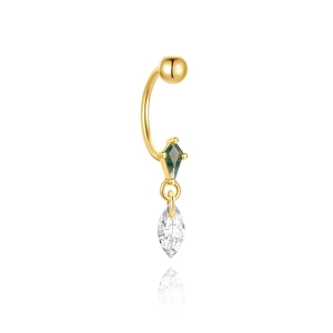 Detail view of gold S925 silver navel ring with kite-cut moss agate and marquise stone