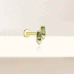 Detail showing S925 hallmark on gold-plated moss agate stud earring with cubic zirconia