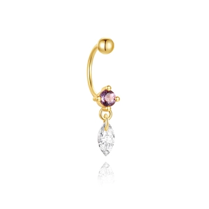 Macro detail of gold-plated curved piercing with purple round and white marquise stones