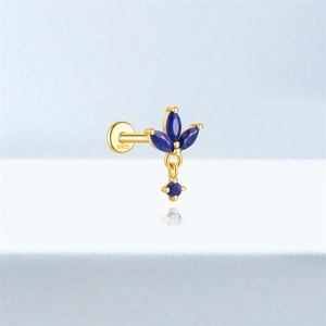 Detailed close-up of S925 silver lapis lazuli stud earring with three marquise-cut gems