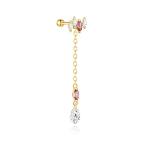 Macro view of gold s925 silver stud earring with marquise amethyst and clear gemstones