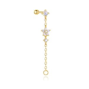 Detail of s925 silver gold-plated earring with blue opal flower and zircon stone