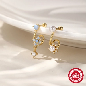 S925 sterling silver gold earrings with blue opal flowers and white pearls