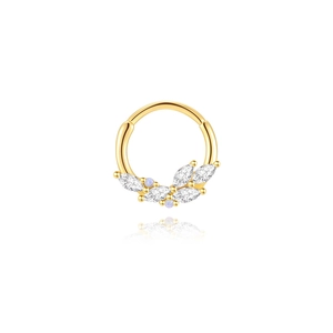 Detail van de s925 zilveren gouden clicker ring met marquise zirkoon en blauwe bladeren