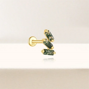 Detail of S925 sterling silver earring featuring three rectangular green moss agate stones