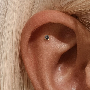 Macro shot of gold-plated black rutilated quartz stud earring for helix piercing detail
