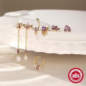 S925 sterling silver ear piercing set with marquise amethyst and lab-grown stones