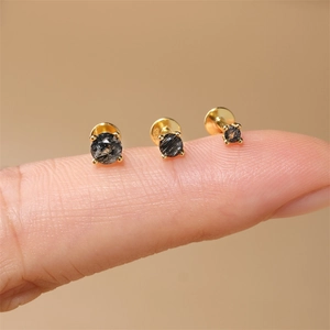 Three gold s925 silver stud earrings with black rutilated quartz in 3mm, 4mm, 5mm sizes