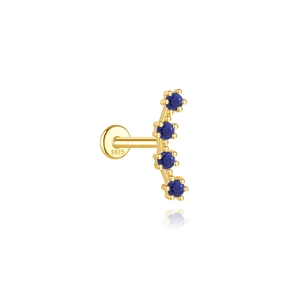 Macro detail of S925 sterling silver gold-plated labret with four blue lapis round stones