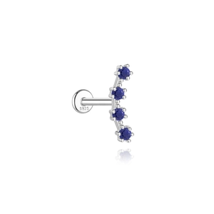 Close-up of S925 sterling silver ear stud with four blue round clover lapis stones