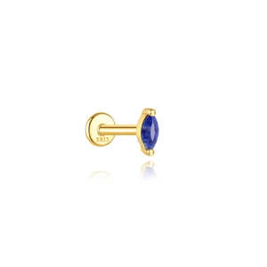 Macro shot of S925 stamped flat back stud earring with marquise blue lapis lazuli
