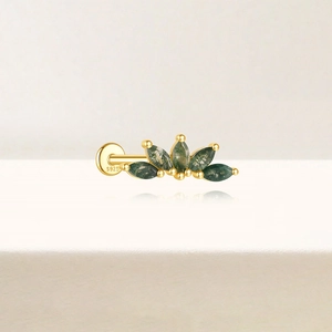 Close-up of S925 sterling silver crown earring with natural green moss agate stones
