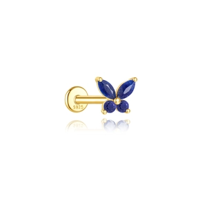 Close-up of S925 silver gold-plated butterfly stud earring with deep blue gemstones