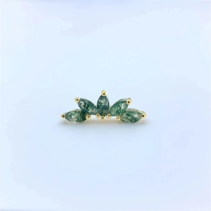 Macro detail of fan-shaped gold stud earring with five marquise green moss agate stones