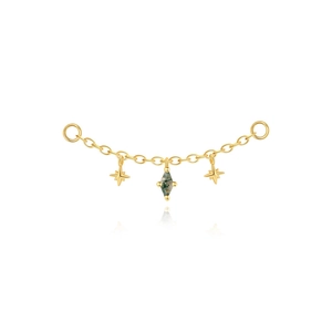 Detail einer Goldkette für Ohrringe mit Moosachat-Markise und achteckigen Stern-Anhängern