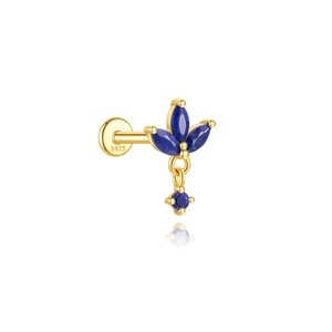 Macro shot of S925 sterling silver gold-plated ear stud with blue lapis lazuli stones