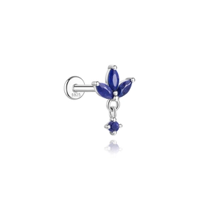 Macro detail of S925 sterling silver stamp on blue clover stud earring flat back