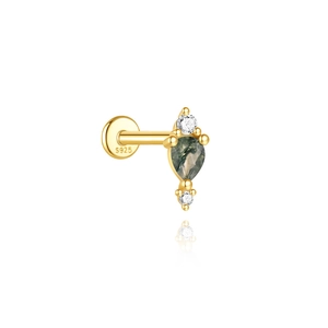 Detail of S925 silver stamp on gold ear stud with moss agate and zircon stones