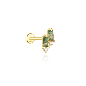 Detail of s925 gold earring featuring green moss agate and clear zircon stones