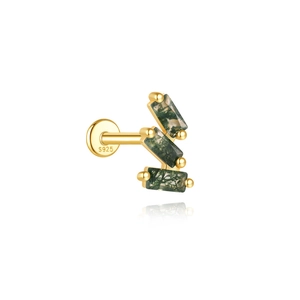 Macro view of S925 gold-plated labret featuring three leaf-shaped moss agate stones